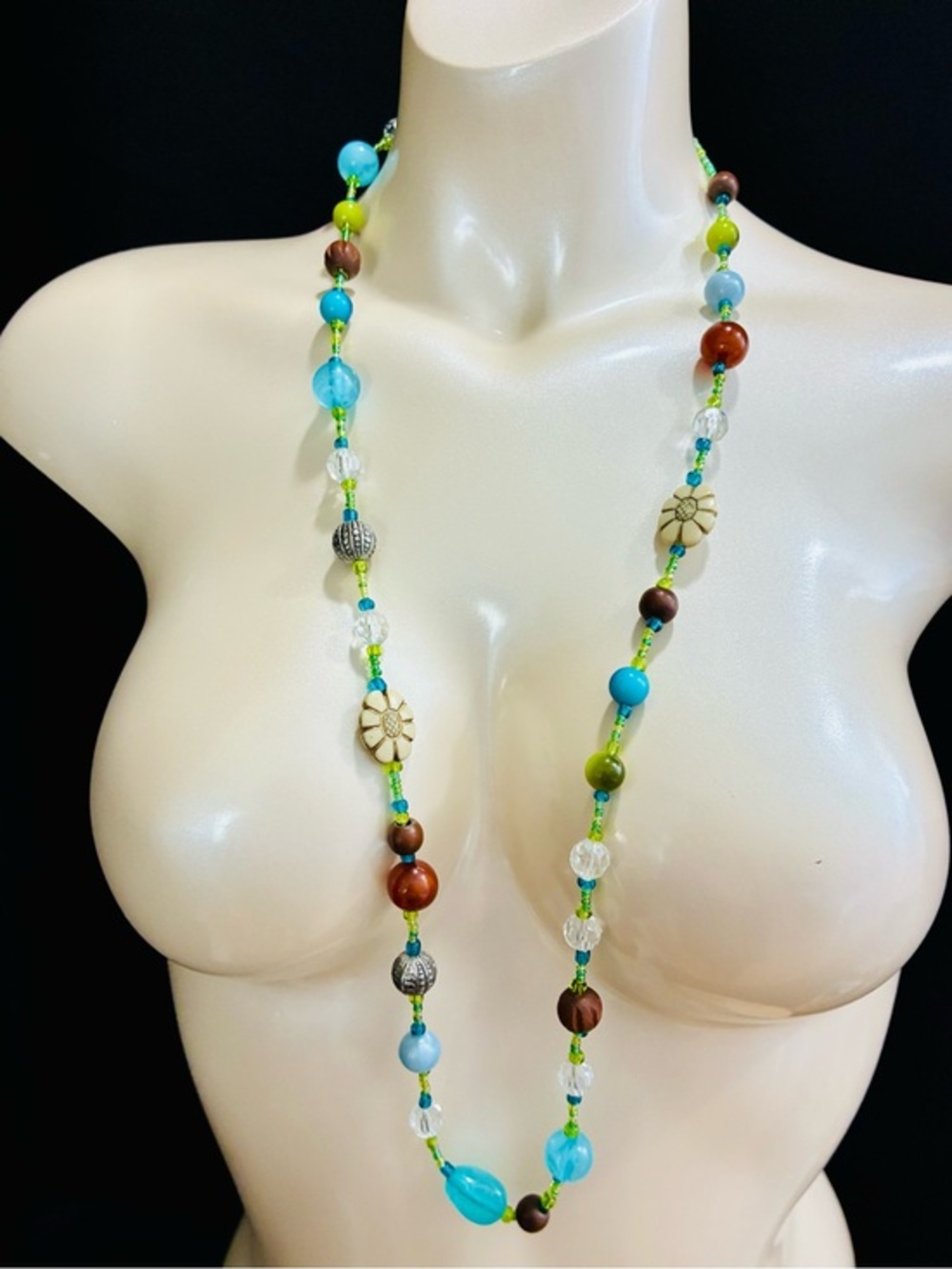 Boho Artisan Handmade Multi-Bead Long Necklace in Turquoise, Lime & Brown